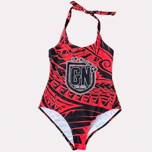 “ Get Nuts Hawaii” Womens one piece size s black and red bathing suit